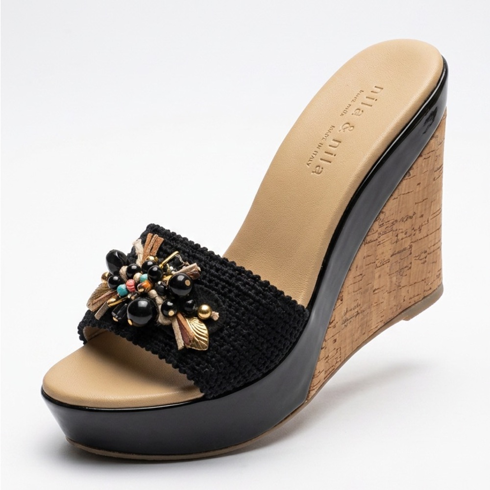 Nila & Nila Women’s Black Patent Leather Beaded Platform Wedge Comfort Sandal
